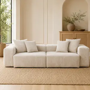 Modern Beige Modular Corduroy Sofa, Deep Seat Sectional Couch with Removable Slipcovers, Matching Pillows & Ottoman for Living Room