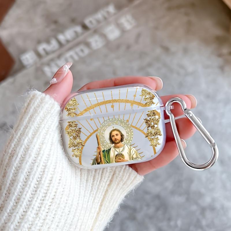Divine Saintly Radiance Pattern Protective Case for AirPods 4/3/2/1/Pro/Pro2 Soft TPU Earphone Cover, Transparent with Keychain