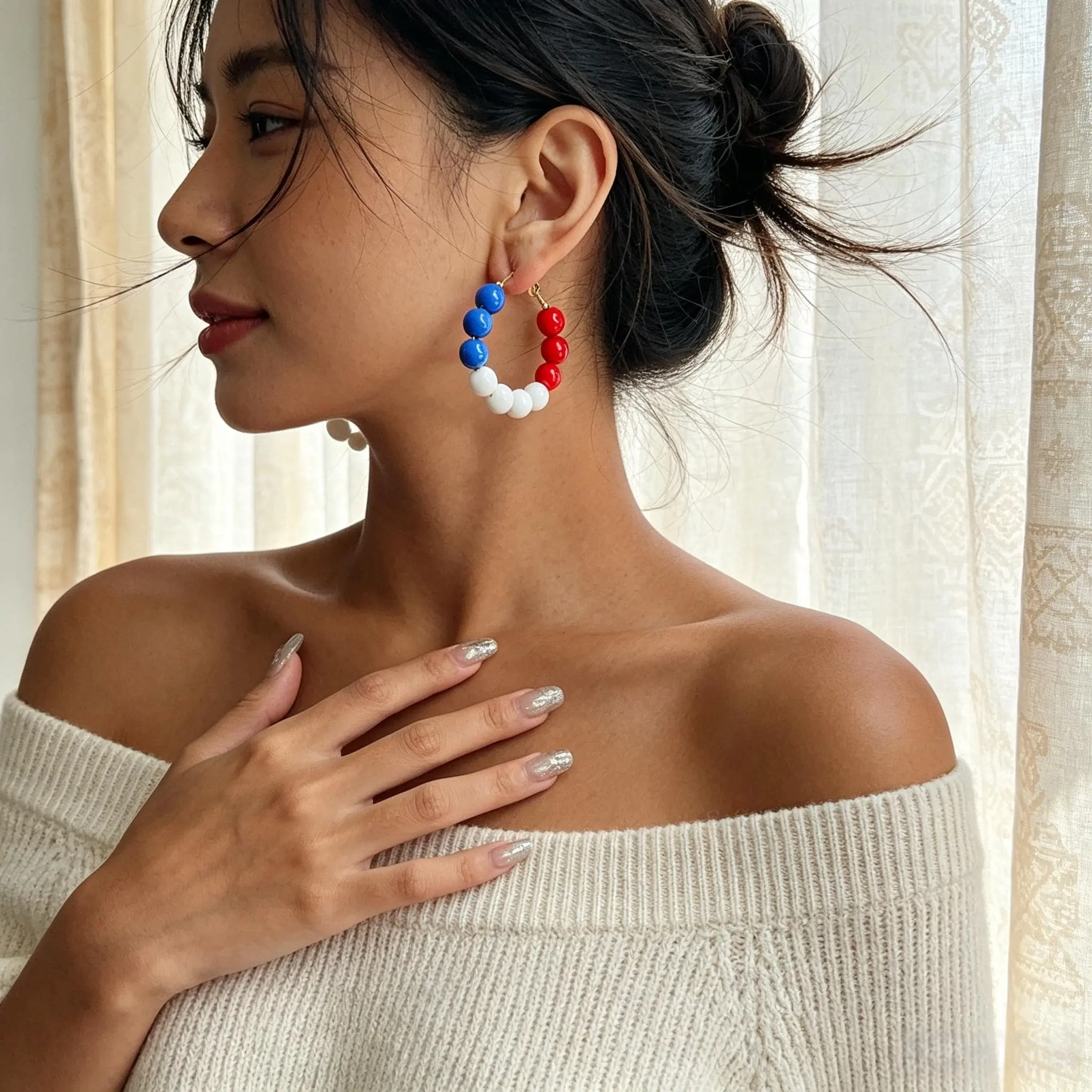 Patriotic 4th of July Earrings - Red White Blue Bead Hoop & American Flag Sequin Dangles - Gift for Her