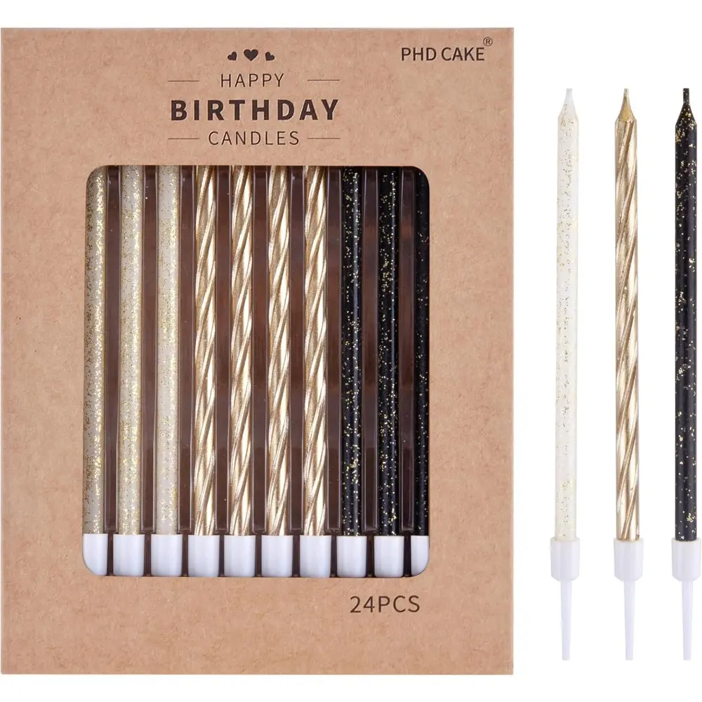 Elegant 24 Pcs Tapered Long Thin Gold-Black-White Cake Candles, Home & Festive Party Supplies for Birthday Parties, Baby Shower Decorations