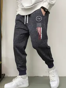 Men's spring and autumn thin American flag print fried snowflake washed old drawstring adjustable elastic trousers leggings fashion casual sports pants running light suitable for street jogging vacation outdoor commuter camping vacation wear