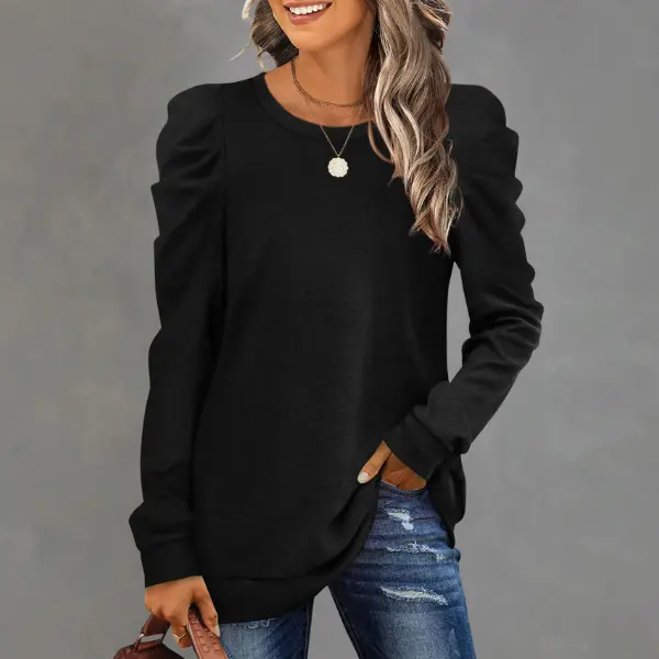 Women's Long-Sleeve Puff Sleeve Tunic Sweatshirt - Basic, Pleated, Round Neck, Dressy Casual, Loose Fit Fashion Top