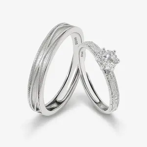 MEISSA Perfect Harmony Couples' Rings S925 Sterling Silver Couple Rings Frosted Statement Wedding Bands for Women Trendy  Diamond Engagement Resizable Ring Set Men Women Simple Minimalist Size Adjustable Matching Promise Ring Birthday Christmas gifts