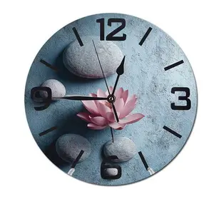 Water Flower Zen Stone Natural Wall Clocks for Living Room Decor,Kitchen Clocks Wall Battery Operated - 10 Inch Round Bathroom Wall Clock Silent Non-Ticking