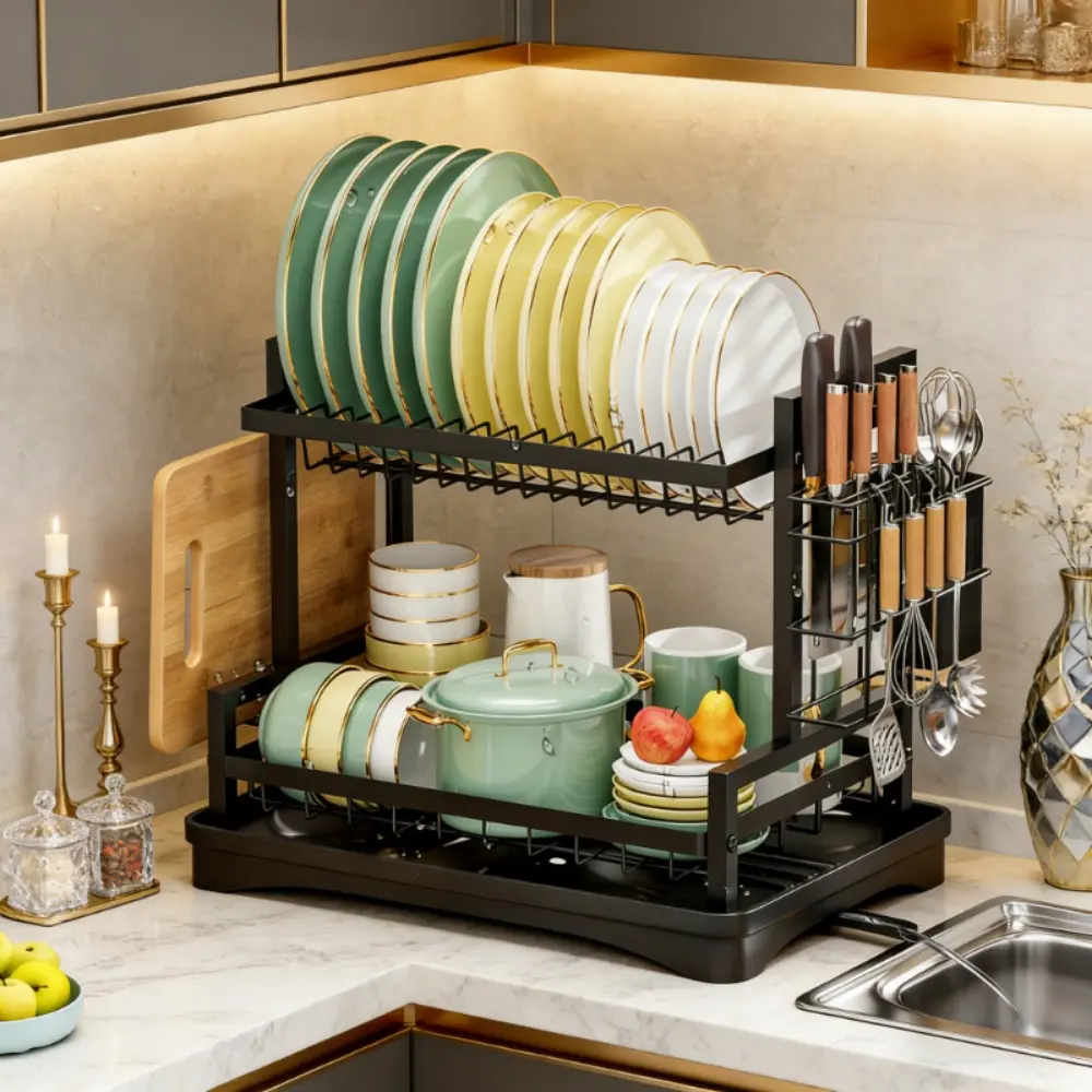 Stop Messy Kitchen! 2-Tier H-Shape Dish Drying Rack & Dish Drainer with Drainboard, Rust-Proof Design with Utensil & Cutting Board Holder, All-in-One Kitchen Organizer (1 Pack)
