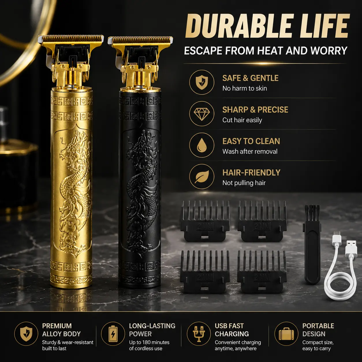 Men's Professional Cordless Hair Clippers & Beard Trimmer, Rechargeable T-Blade Grooming Kit with 0-Gap Blade and 4 Guide Combs