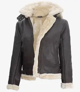 Women's Brown Hooded Shearling Leather Aviator Jacket