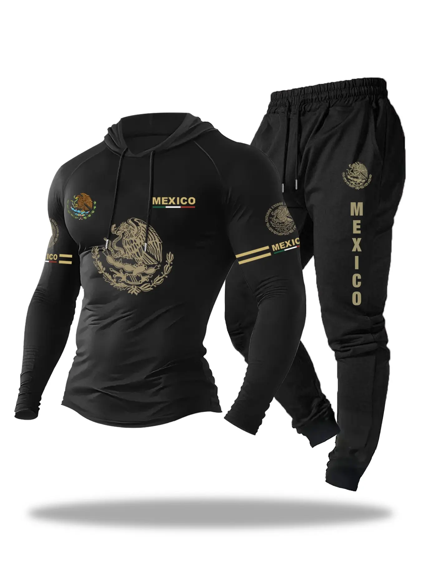 Men's Hooded Long Sleeve Top and Drawstring Pants Set, Fitted, Activewear, Athletic, Sportswear, Casual Athletic Sportswear, Flag Pattern Print, Fashionable for Spring and Fall, Versatile Wardrobe Essential, Pants Tracksuit Set