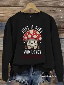 Women's Cartoon Mushroom Print Casual Round Neck Sweatshirt, Soft Pullover, Fall & Winter Essential, Comfortable Fabric