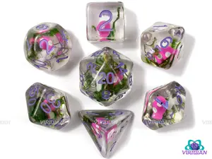 Toadstool | Pink & White Mushroom, Green Moss, Clear, Light Purple Ink | Resin Dice Set (7)
