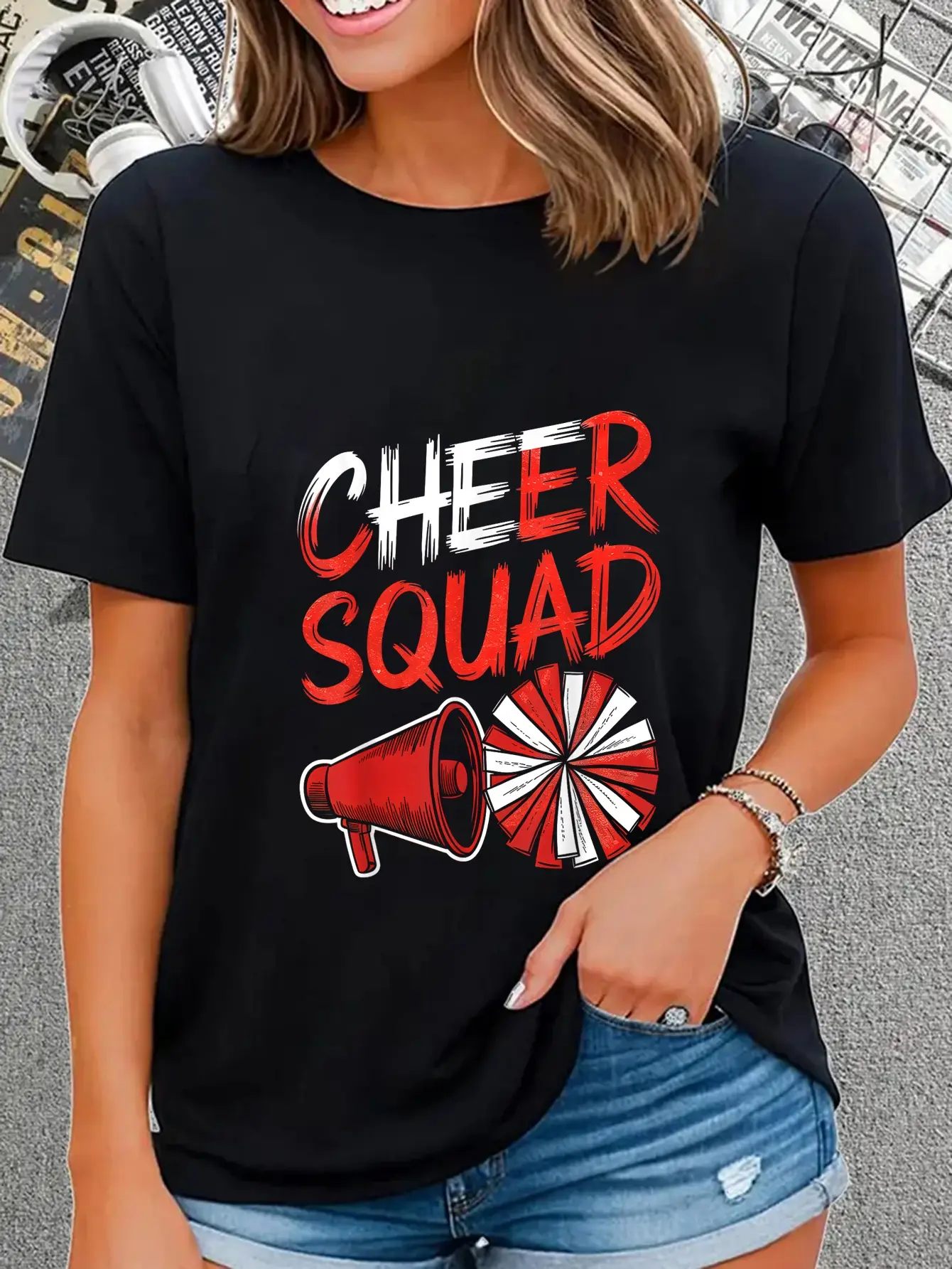 100% Cotton Cheer Funny Sport Cheerleader Cheerleading Red Girl T-Shirt