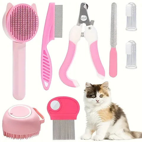 ELITE PET CARE Series 8pcs Professional Dog & Cat Grooming Kit - Fast Delivery, Ergonomic Design, 1-Click Slicker Brush, Plastic Deshedding Brush, Flea Comb, Nail & Coat Tools, Silicone Gentle Tooth Clean, Hair Beauty, Premium Kraft Storage Box Included