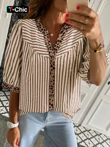 Hotapei Summer Fashion Striped Leopard Trim V-Neck Button Half Sleeve Fitted Shirt Blouse, Stylish Women's Top, Casual Wear, Trendy Design