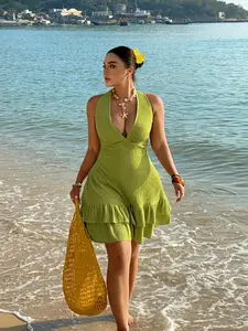 Plus Size Womenswear Sexy Deep V Ruffle Dress, Summer Waist Cinching Slimming Beach Vacation Style Sleeveless Short Skirt