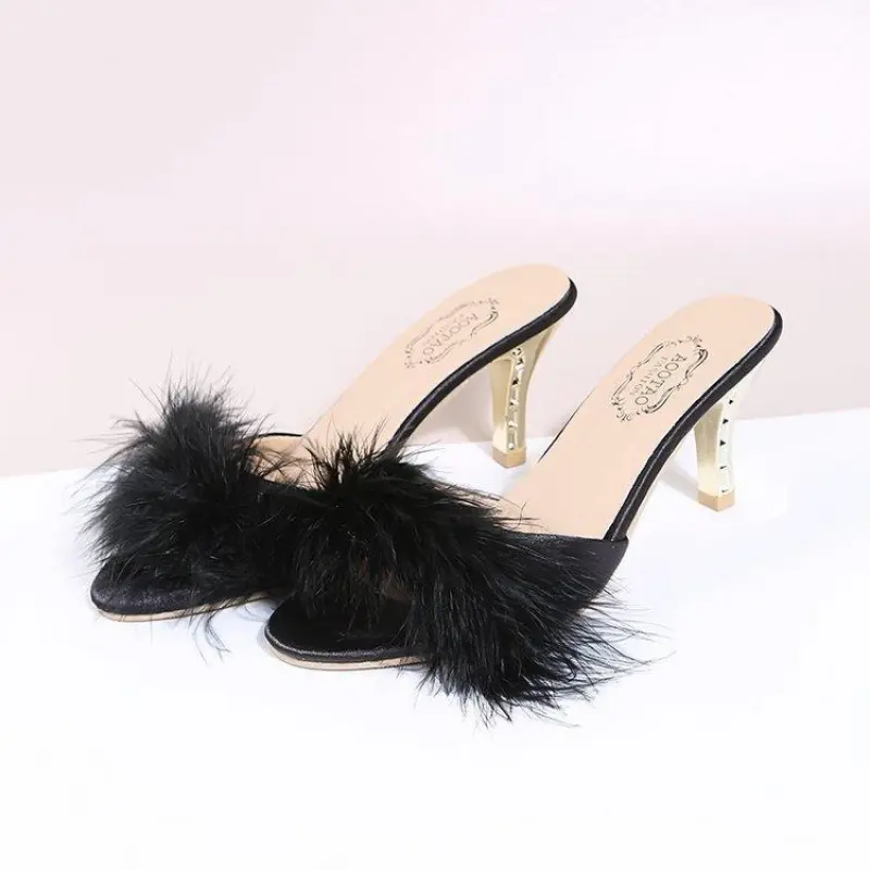 Slippers High Heel Furry Fashion Slippers Women's Stiletto Heel Elegant Open Toe Sandals(Rain Shoes & Covers)Gift