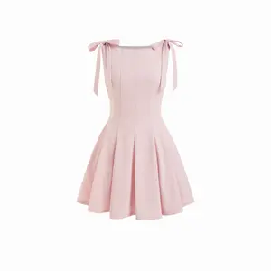 Cider Bowknot Boat Neck Sleeveless Pleated Flared Mini Dress