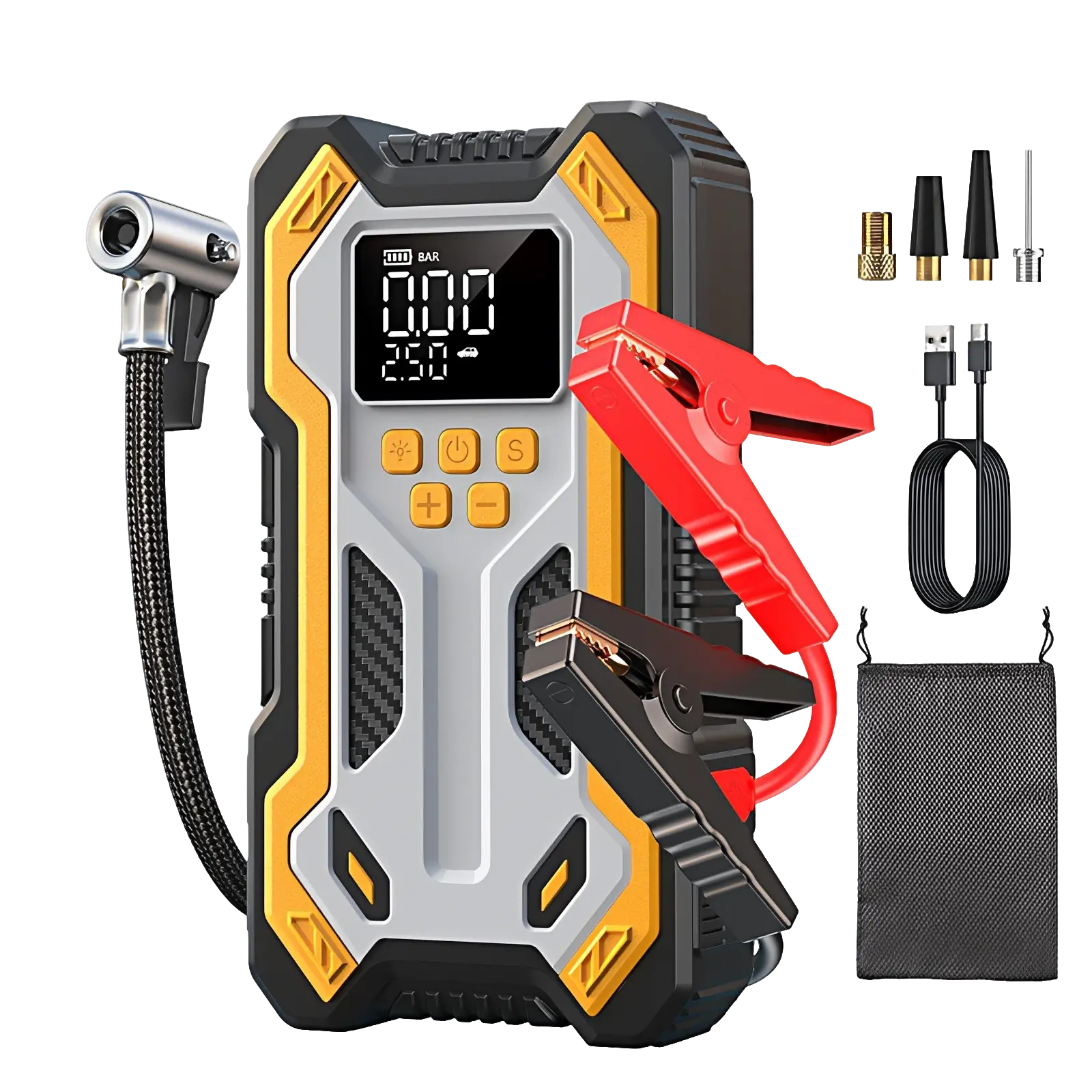 Universal Compact Car Battery Jump Starter with 150PSI Air Compressor Charger, Portable Jump Box Jumper Cables LED Lights for All Gas 12L Diesel Cars Bikes Balls & More Emergency Tool