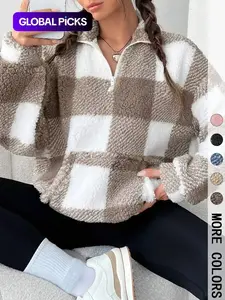 ELI Women's Plaid Half Zip Drop Shoulder Fleece Sweatshirt, Casual Long Sleeve Collar Pullover for Spring & Fall, Ladies Clothes for Daily Wear