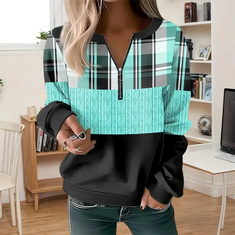 L-5XL Women'S Half-Zip V-Neck Plaid Sweatshirt -Plus Size Long Sleeve,  Quarter Zipper Front, Loose Fit, Blue & Black Checkered Pattern, Soft Polyester Blend, Perfect for Spring & Fall, Ladies Sweaters