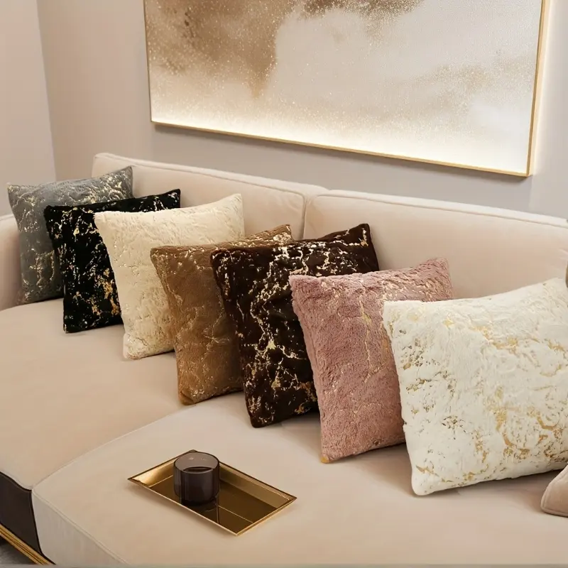 2pc Gold-Plated Marble Pattern Faux Fur Pillow Cover – Luxury Soft Square Elegant Cushion Case for Living Room Sofa, Bedroom & Sofa Bed Home Decor