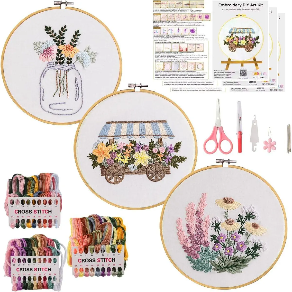 Embroidery Kit for Beginners and Adults with Video Tutorials – DIY Starter Kit with 3 Stamped Floral Patterns, Hoops, Threads, Needles, and Instructions - Cart, Glass Jar, and Flowers