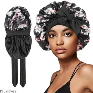 Women's 4-Pack Double Layer Satin Hair Bonnet, Adjustable Tie Band Floral Print Soft Cap, Breathable Hair Protection Wrap for Sleeping & Shower outdoorfun