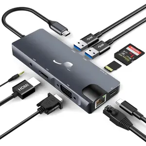 USB C Hub, 9-in-1 USB C Adapter with 4K USB C to HDMI, VGA, Gigabit Ethernet, 100W PD, 2 USB-A 5 Gbps, MicroSD/SD Card Reader, USB C Dock for  Type-C Devices