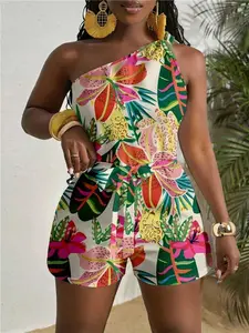 New Women's Off-Shoulder Romper, Beach Print One-Piece, Shoulder Knot Design, Belted Dress, Perfect for Vacation, Summer