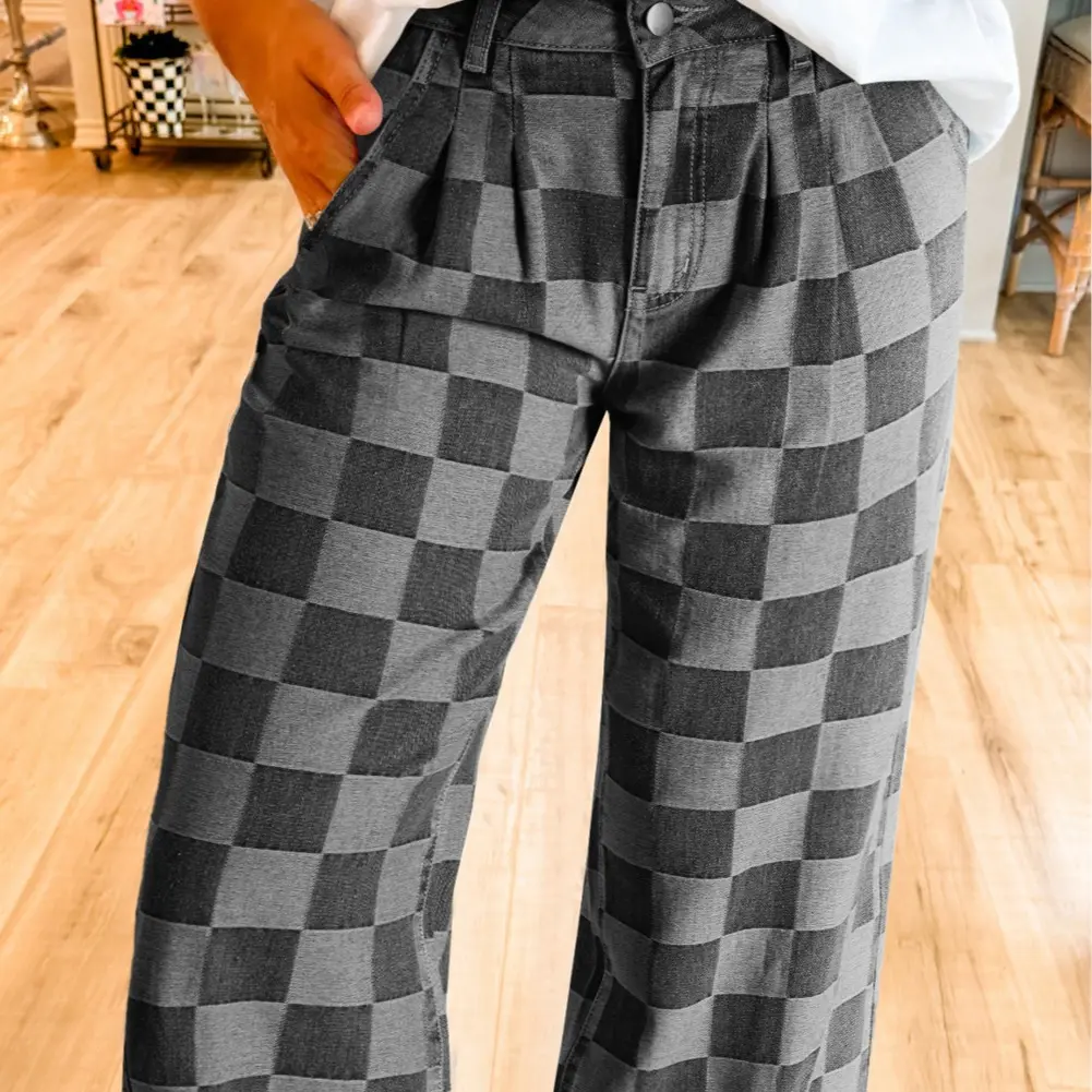 Women's Dark Grey & Dusk Blue Checkered Denim Wide Leg Classic Jeans