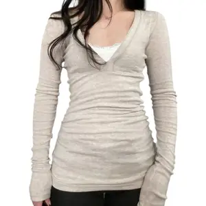 Vintage Y2K Aesthetic Lace Patchwork Slim-Fit Long Sleeve Spring & Fall Streetwear Top, Colorblock Basic Tee for Casual, Casual Chic Minimalist