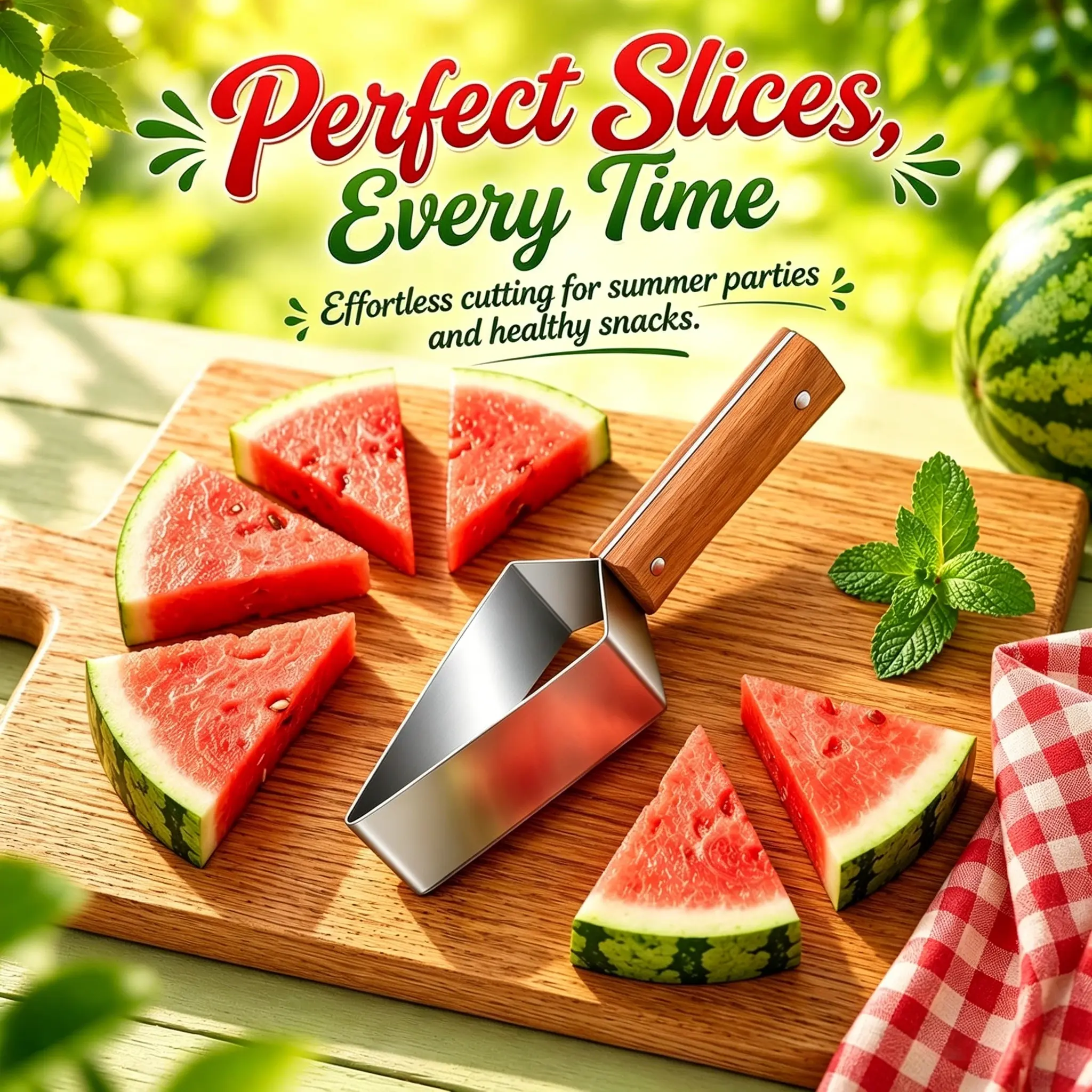 Watermelon Cube Cutter, Stainless Steel Melon Slicer with Wooden Handle, Fast Watermelon Dicer Tool for Fruit Salad  No More Messy Watermelon! 2-in-1 Watermelon Cutter Slicer, Effortless Cube Cutter for Summer Parties & Picnics