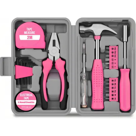 Womens Pink Tool Set 24 Piece Home DIY Kit with Portable Toolbox Essential Hand Tools for Household Repairs Beginner Friendly Home Improvement Projects Lightweight Case Complete Selection