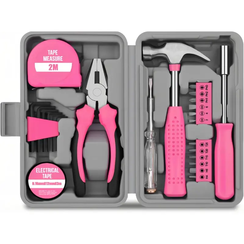 Womens Pink Tool Set 24 Piece Home DIY Kit with Portable Toolbox Essential Hand Tools for Household Repairs Beginner Friendly Home Improvement Projects Lightweight Case Complete Selection