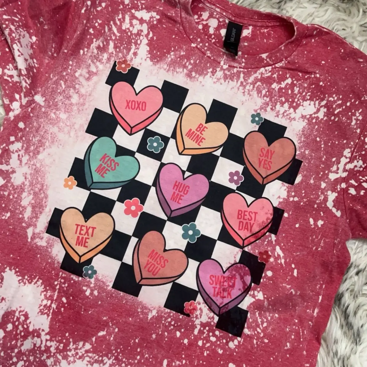 Women's Red Sublimated Bleach Conversation Hearts Short-Sleeve Vintage Fabric Comfy T-Shirt for Mum, Valentine's Day