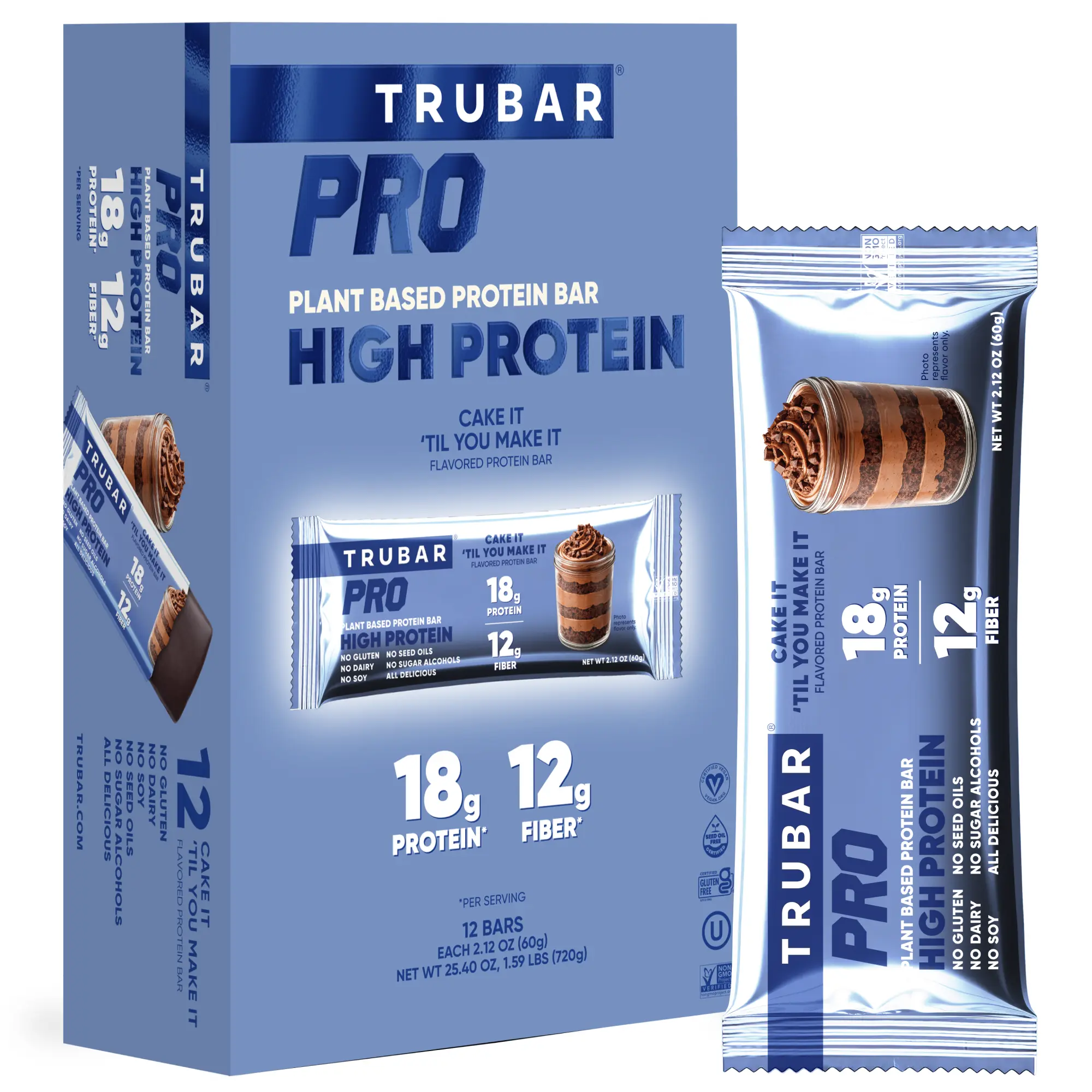 TRUBAR PRO Vegan Protein Bar,  Cake It 'Til You Make It, Gluten Free, Plant Based Protein, Dairy Free, Non GMO, Soy Free, No Sugar Alcohols, 12 count Snack