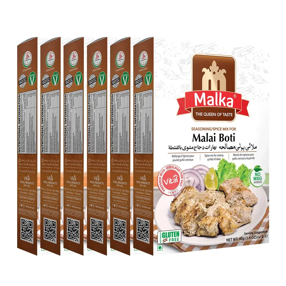 Malka Malai Boti Recipe Mix 40g | 1.40 oz | Authentic Gourmet Spice Powder for Creamy Grilled Chicken | No MSG Added, Vegan, Non-GMO, Gluten Free & Halal | Pack of 6