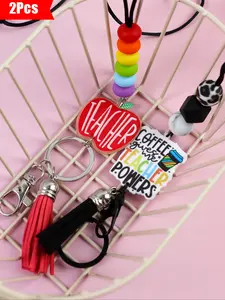 2PCS-Teacher Theme Keychain Set, Cord with Leopard Beads, Preppy Style, Perfect Gift for Teachers, Back-To-School & Graduation Gifts, Keychain Pendant