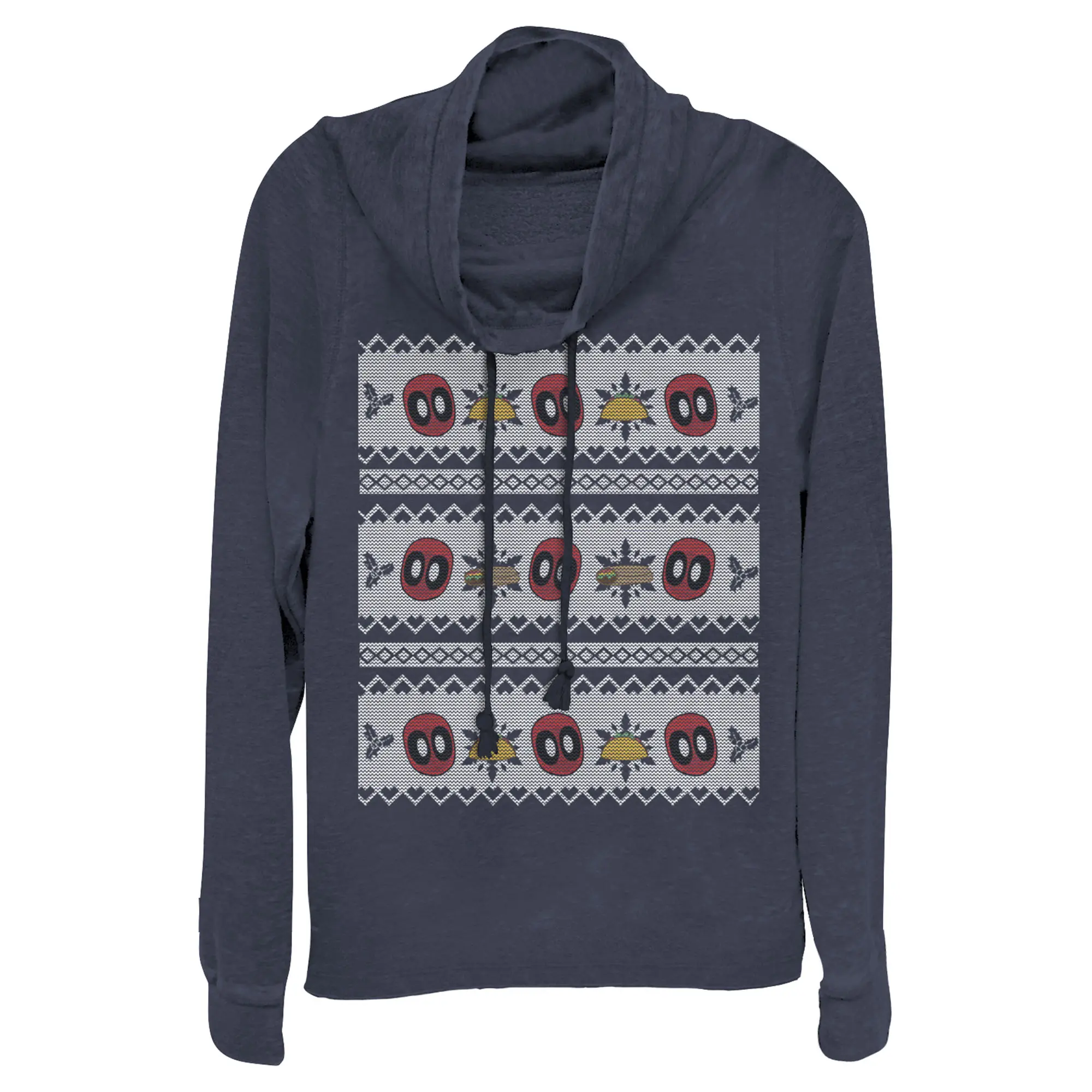 Juniors Womens Marvel Ugly Christmas Deadpool Taco Cowl Neck Sweatshirt
