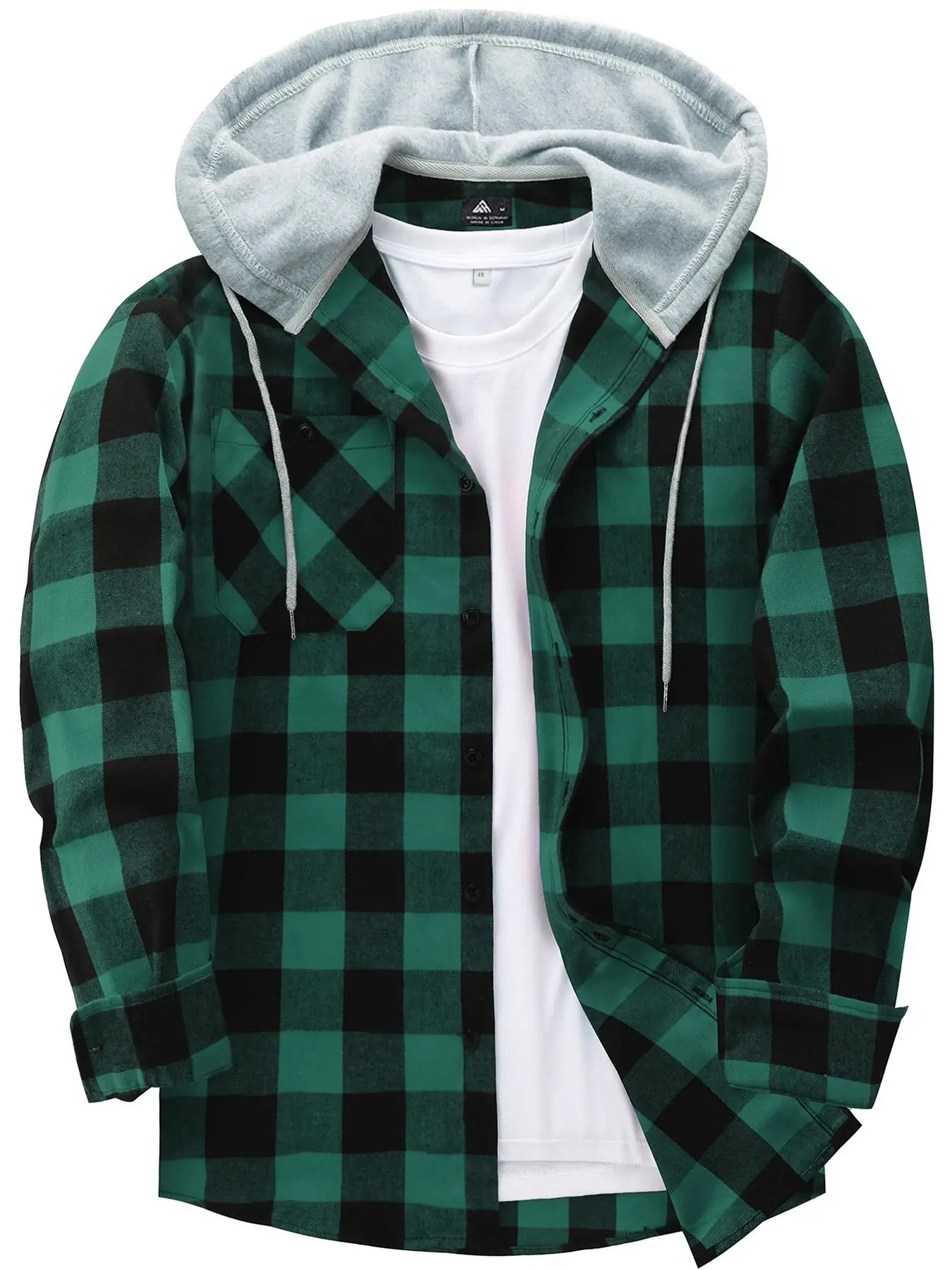 【Plus Size】 Men's Plaid Print Button Front Drawstring Hooded Coat, Regular Fit Casual Long Sleeve Pocket Outerwear for Spring & Fall, Men's Clothes fo