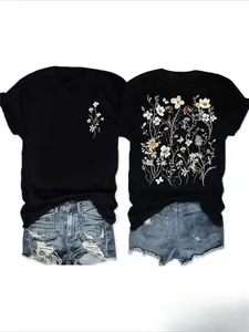 Boho Floral Print T-Shirt for Women, Vintage Style Summer Casual Top, Round Neck Short Sleeve, Comfortable Breathable Fit S-Xxl