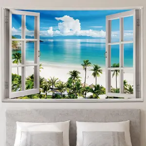 Ocean Beach Tapestry Wall Hanging Blue Sea Tropic Island Paradise Summer Coconut Tree Palm Seaside Window Nature for Bedroom Aesthetic,61 W x 41 H inch… Decor Peach