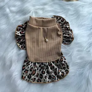 Cute Pet Princess Dress Clothes for Dogs & Cats, Leopard Print High Neck Design, Beaded Decoration, Perfect for Spring Autumn Winter Wear