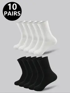 Men's High-Waisted Breathable Mid-Calf Socks, Plain Casual Sports Athletic Socks, All-Season Fitted Style, 10 Pairs