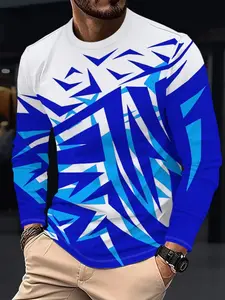Long Sleeve Top with Blue Geometric Pattern, Dynamic Design, Casual Streetwear Spring & Fall Fashion, Fitted Style