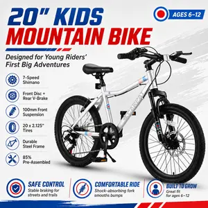 Elon 20 Inch Kids Bike Boys Girls Mountain Bike 7 Speed Kids Bicycle for Ages 6 12 with Front Suspension Disc Brake Rear V Brake High Steel Frame Teenager Childrens MTB for Outdoor Trail School Riding Fitness