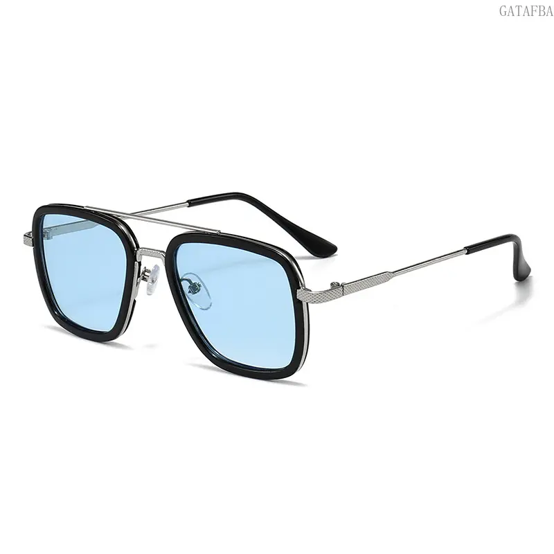 Streetwear Aviator Square Sunglasses with Double Bridge, Silver Frame, and Black and Grey Lens for Travel and Daily Outfits, With Bridge