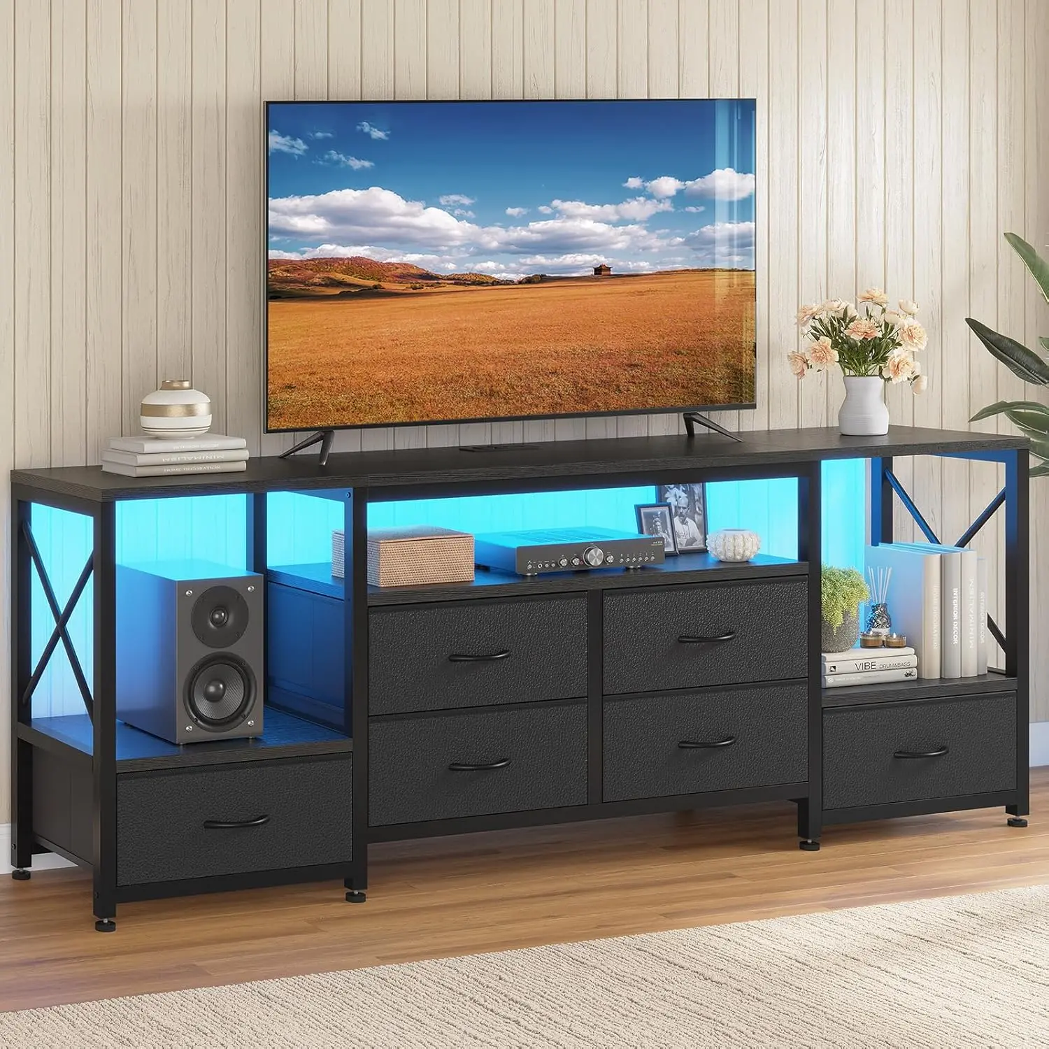 HAUOMS TV Stand for 75 Inch TV, Entertainment Center with LED Light & Power Outlets,63" Industrial TV Console Table with 6 PU Drawers & Open Shelves for Living Room, Bedroom