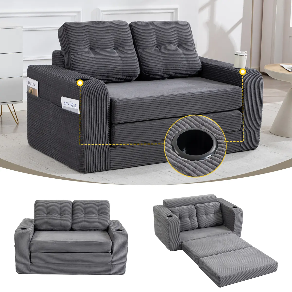Convertible Sleeper Sofa Bed,Expandable Loveseat Couch Bed, 2 in 1 Convertible Sofa Bed , Fold Out Floor Couch with Pillows for Living Room Bedroom Lounge