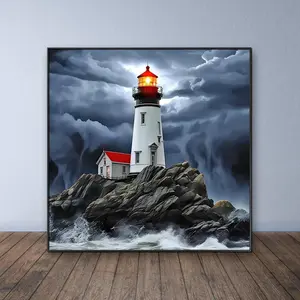 Lighthouse in Storm Pattern DIY Diamond Arts Colorful Painting Kit without Frame, DIY 5D Diamond Arts Colorful Painting Kit, Wall Art Decor for Home