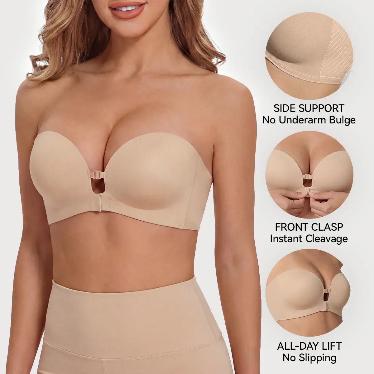 Strapless Front Closure Push Up Lift Bra Wireless Anti Slip Jelly Bra Padded Seamless Comfortable Tube Top Bralette Everyday Underwear For Women A B C Cup New